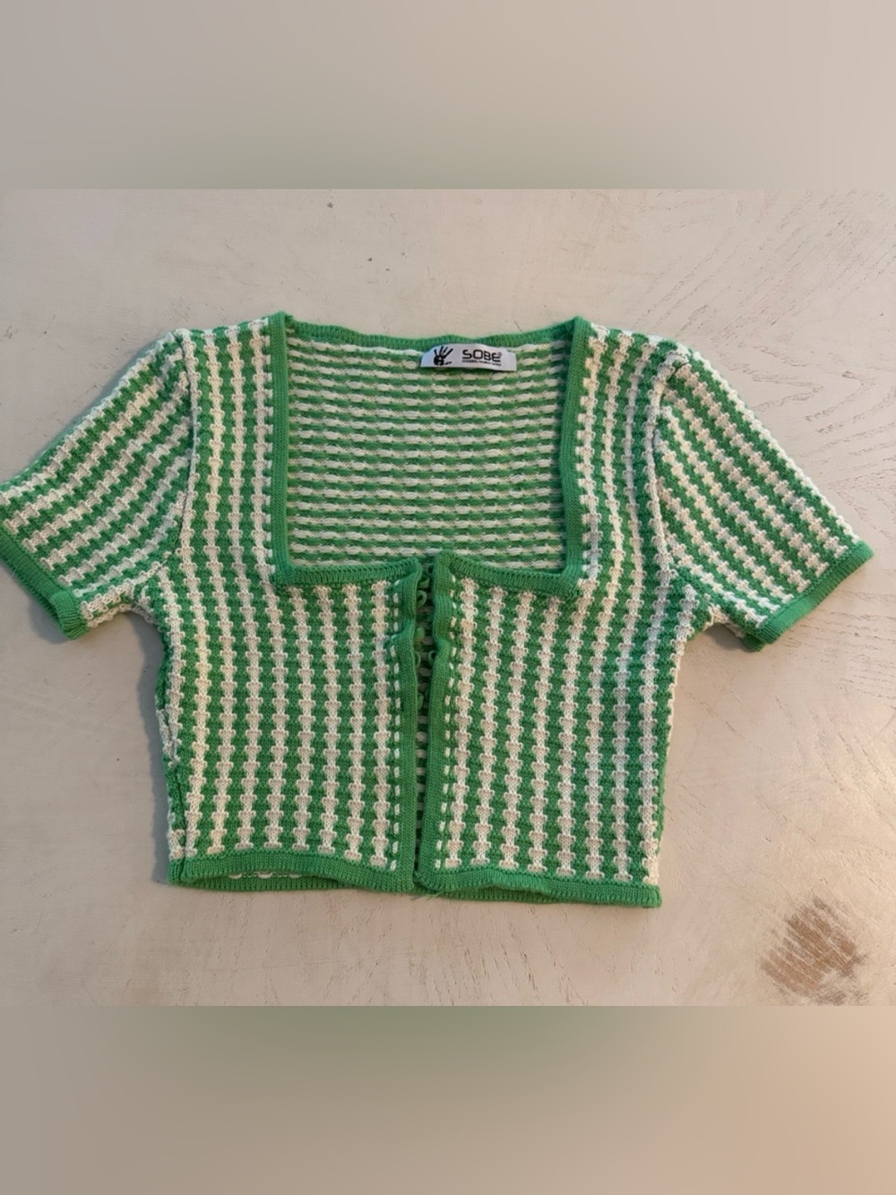 Cute chic square neck open front tight night short sleeve checkered sweater XS